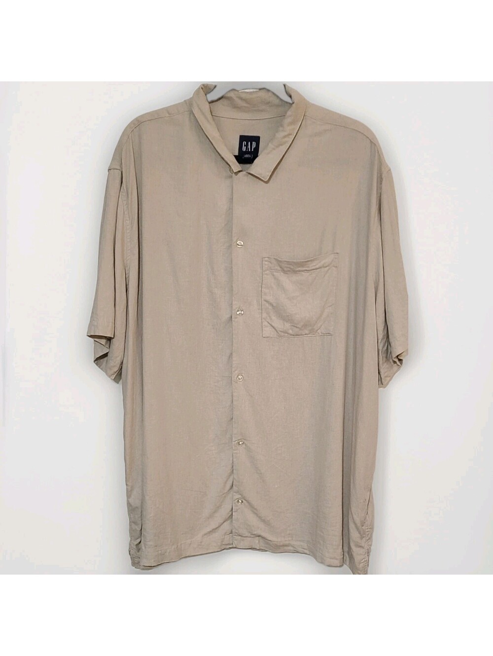 GAP Men's XXL Linen Blend Camp Shirt Beige Short Sleeve ButtonDown Relaxed Beach